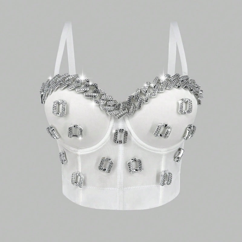 White Strapless Camisole Gathered Beaded Rhinestone Bustier Innerwear
