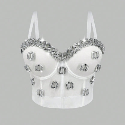 White Strapless Camisole Gathered Beaded Rhinestone Bustier Innerwear