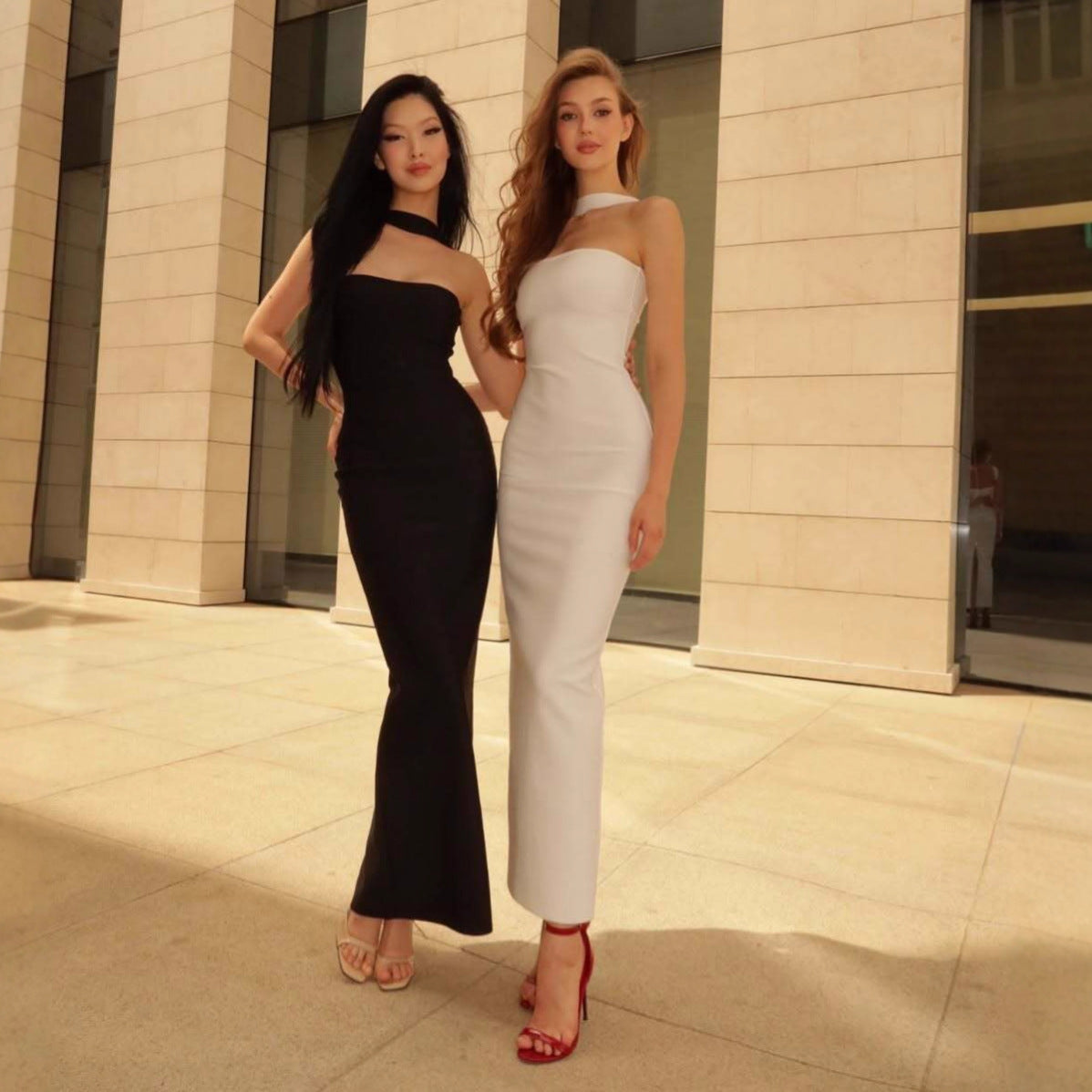 Women's Strapless One-Shoulder Halter Backless Fitted Bodycon Slit Dress