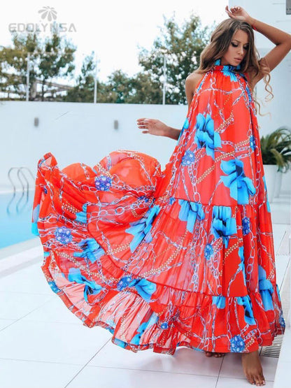 Casual Printed Loose Large Hem Dress Sexy Sleeveless Lady Beach Maxi Dress Summer Fashion Elegant Boho Dresses