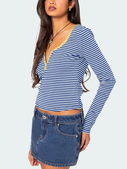 Color blocking striped knitted sweater women's summer top button slim fit shoulder t-shirt