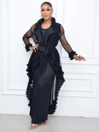 Heavy Industry Pleated Set Solid Flounced Edge Full Sleeved Sexy Evening Party Two Piece Sets for Women