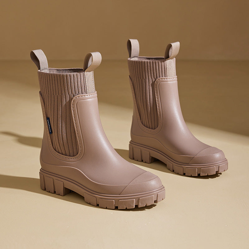Women's Mid-Calf Waterproof PVC Non-Slip Rain Boots with Elastic Top