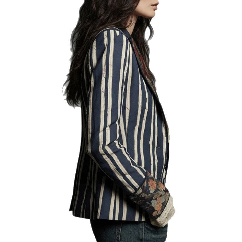 Bohemian Color-Block Striped Slim Fit Blazer for Women