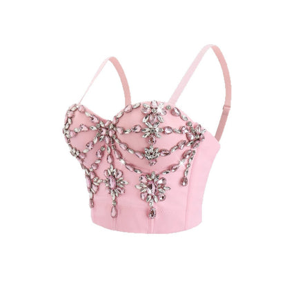 Worn Outside Pink Rhinestone Embroidery Heavy Work Bustier Sexy Fitted Strapless