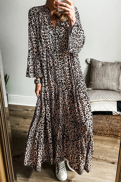 Maxi-jurk met lange mouwen en luipaardprint en inkepingen