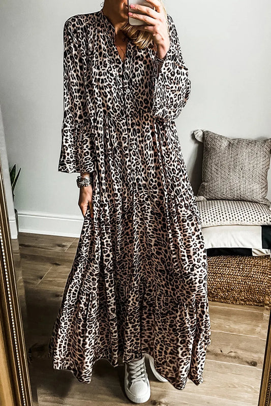 Maxi-jurk met lange mouwen en luipaardprint en inkepingen