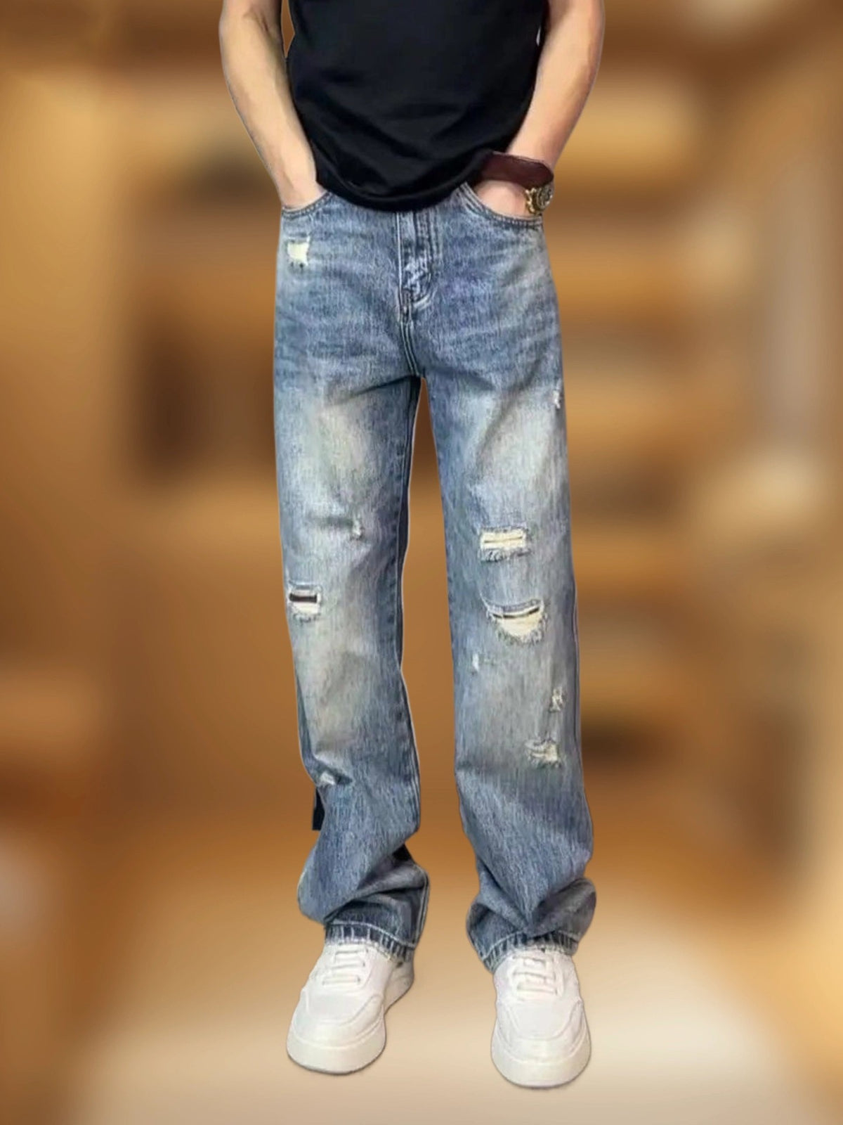 Slim-Fit Ripped Denim Pants