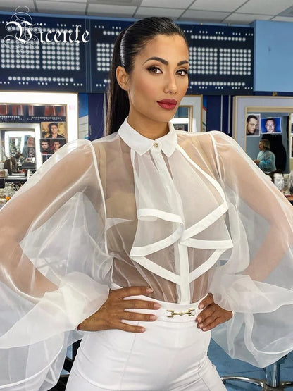 VC Ruffles Dresses For Women 2022 Summer New Trendy Long Sleeve Turndown Collar Loose One Piece Organza BodySuit