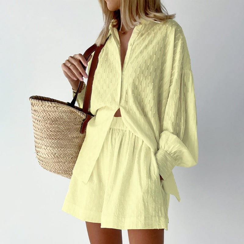 Dames jacquard blouse met lange pofmouwen en bijpassende shorts