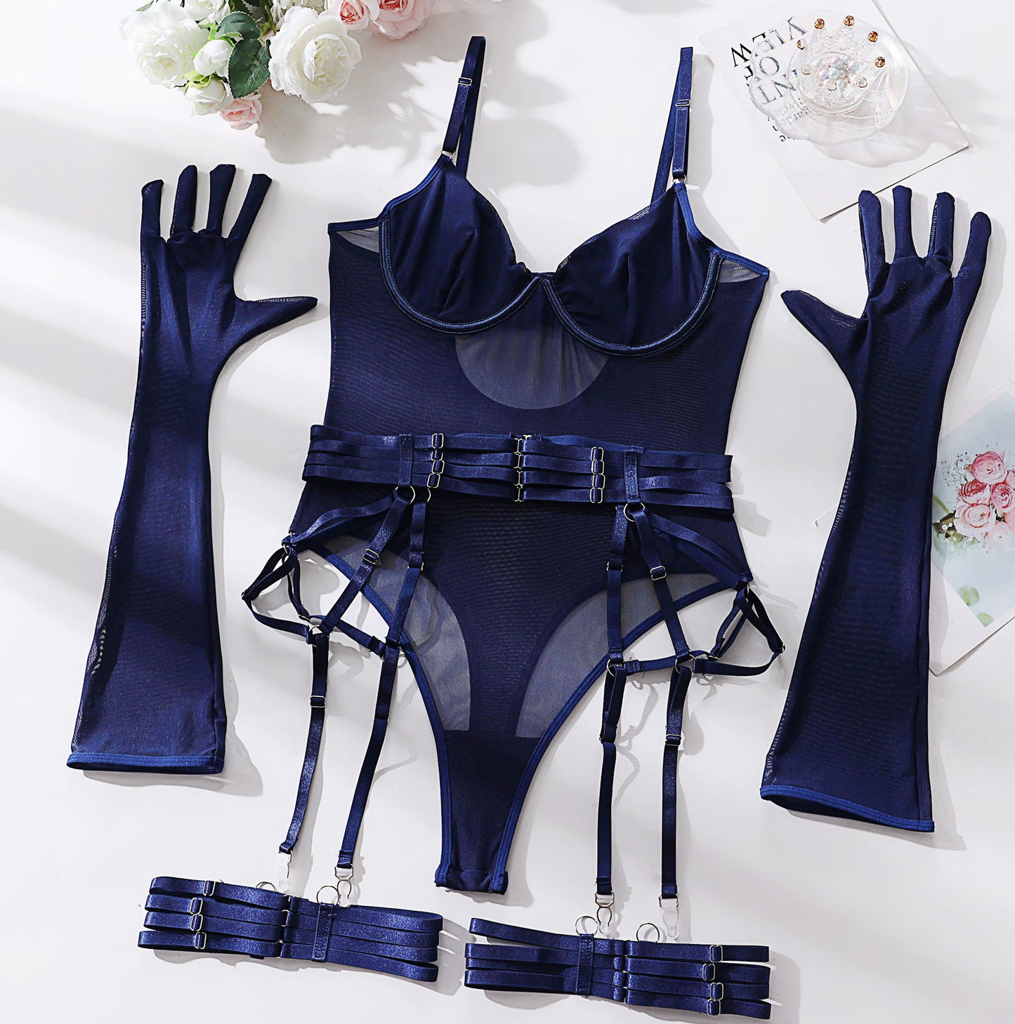 Sexy Lingerie One-Piece Bodysuit with Gloves and Bandage Transparent Mesh Underwear