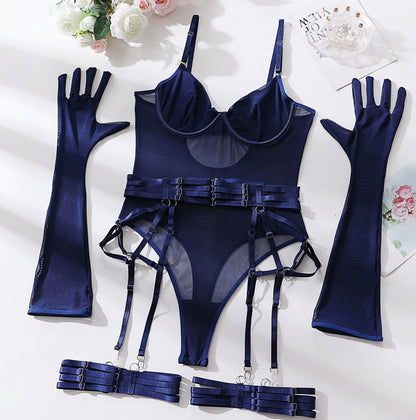 Sexy Lingerie One-Piece Bodysuit with Gloves and Bandage Transparent Mesh Underwear