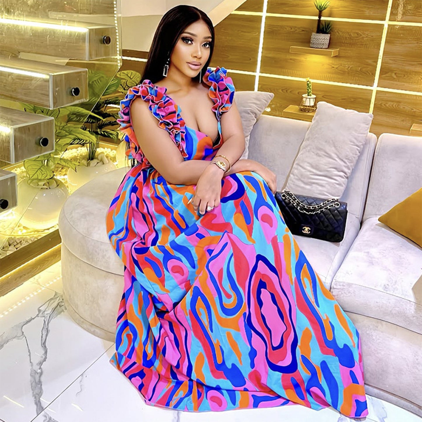 Amerikaanse bedrukte elegante maxi-jurk met geplooide schouderband