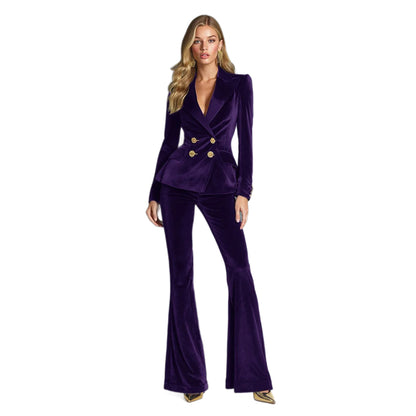 Velvet Lapel Blazer and Bell-Bottom Pants Set