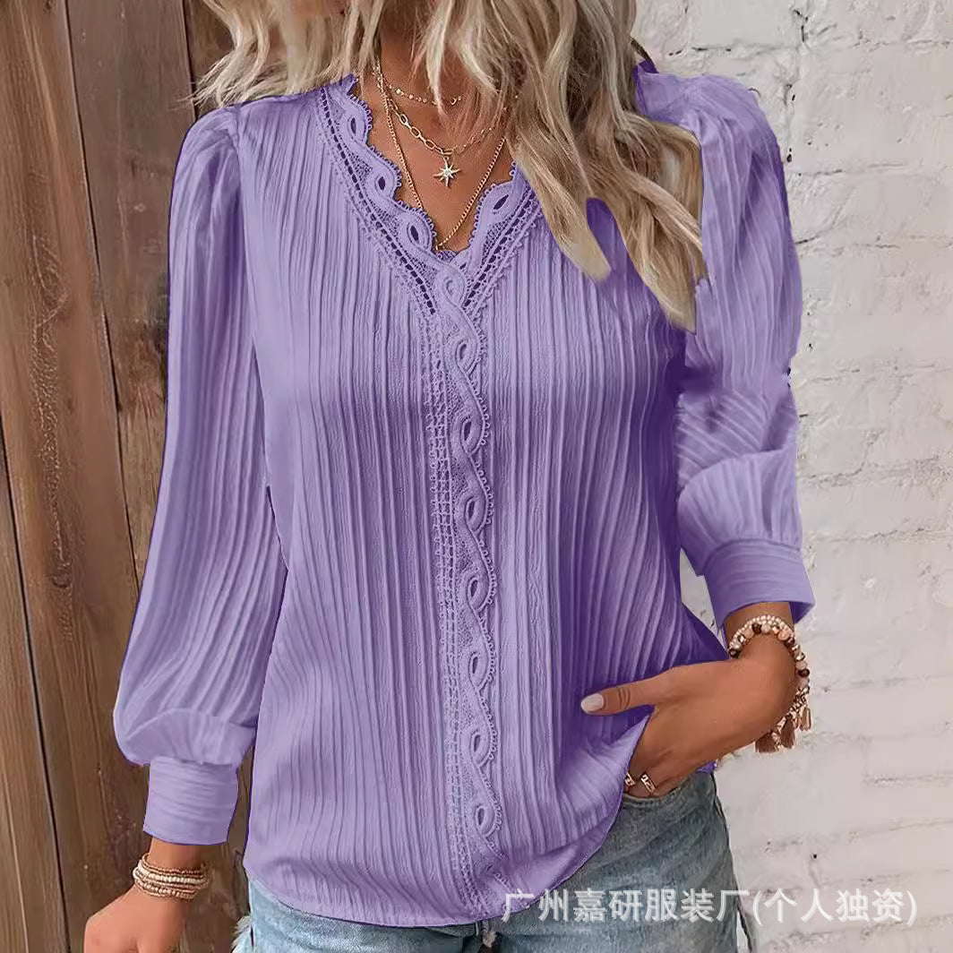 2025 Cross-Border Hot Selling Amazon Autum Long-Sleeved V Neck Lace Splicing Shirt Women's Shirt Women's Clothing Ready Supply