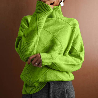Womens Solid Color High Neck Diamond Pattern Loose Knitwear Sweater
