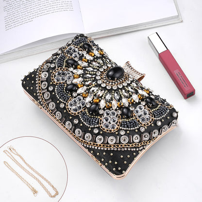Cross-Mirror New Bead Embroidered Evening Bag, Hand-Beaded Women's Hand-Held Wedding Bag, Diamond-Encrusted Banquet Rhinestone Evening Bag