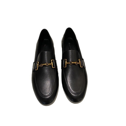 Women's shoes round toe sheepskin flat bottomed metal buckle leather loafers