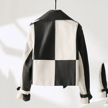 High-End zwart-wit geruite PU-leren jas voor dames