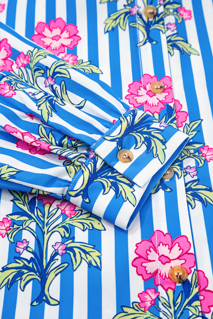 Blauw gestreept overhemd met bloemenprint en losse pasvorm