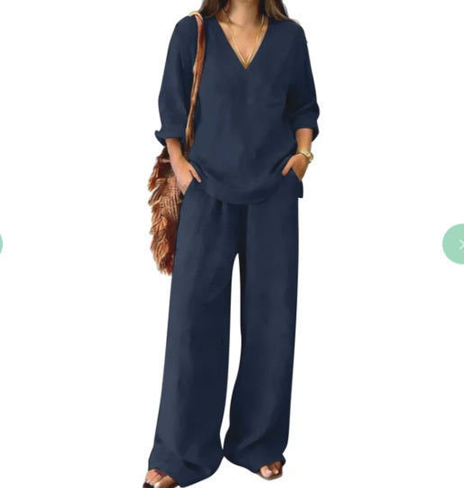 Women's V-Neck Linen Wide-Leg Two-Piece Set
