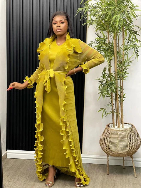 Heavy Industry Pleated Set Solid Flounced Edge Full Sleeved Sexy Evening Party Two Piece Sets for Women