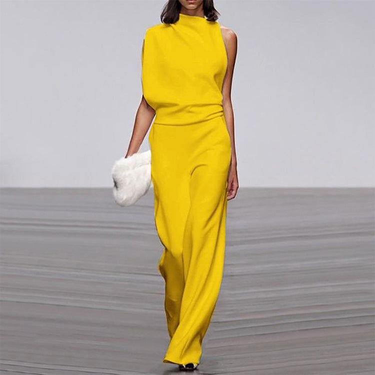 Womens Solid Color One Shoulder Ruched Collar Jumpsuit