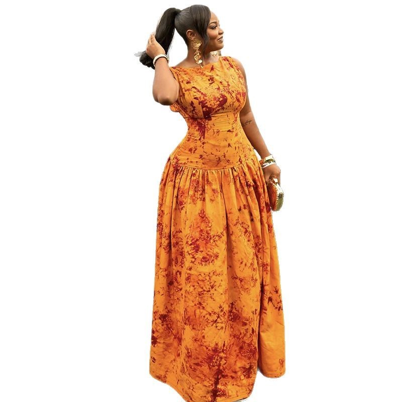 Lage Taille Bedrukte Mouwloze Slim Fit Lange Jurk