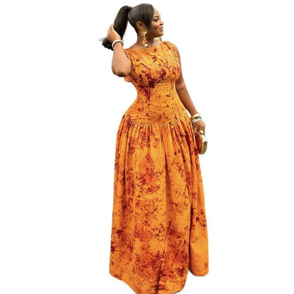 Lage Taille Bedrukte Mouwloze Slim Fit Lange Jurk