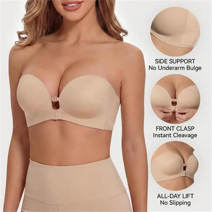 Strapless front-closure bra