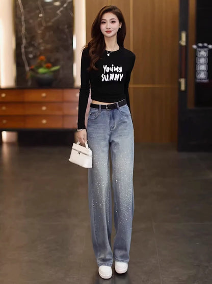 Rhinestone Wide Leg Denim Pants
