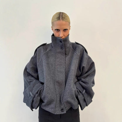 Womens Stand Collar Wool Blend Coat
