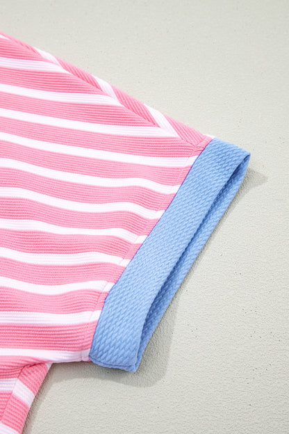 Gestreepte top met contrasterende bies losse korte mouwen en shorts