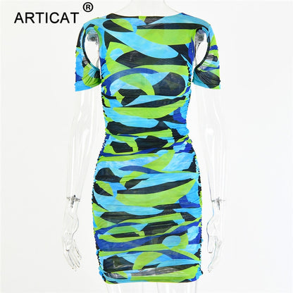 Articat Print Hollow Out Ruched Dress For Women O Neck Short Sleeve Bodycon Mini Dress Ladies Streetwear Elegant Party Vestidos