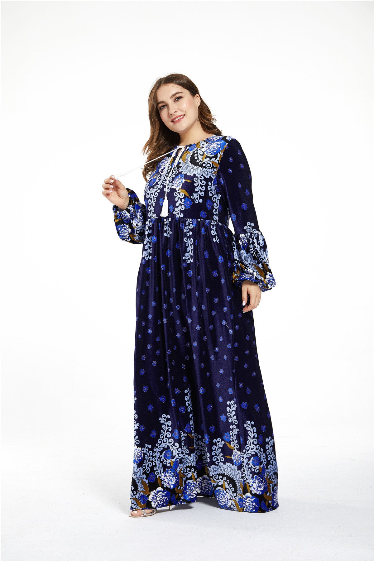 Bedrukte fluwelen maxi-jurk