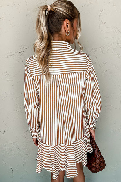 Bruin gestreepte blouse-jurk met ruches aan de zoom kraag en lange mouwen