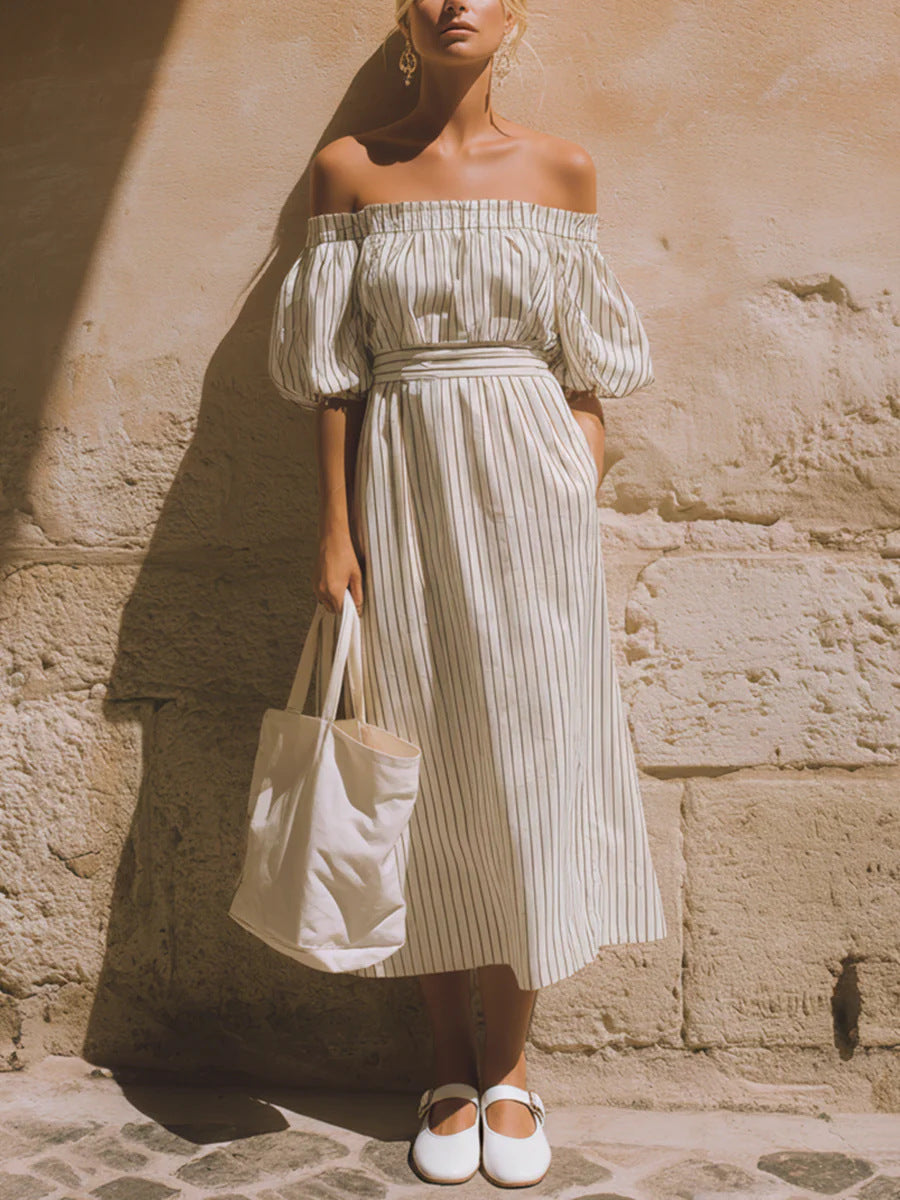 Off-Shoulder Flutter Sleeve Striped Dress
