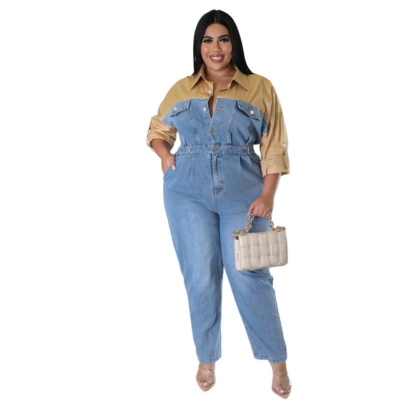 Plus Size Dames Colorblock Denim Jumpsuit