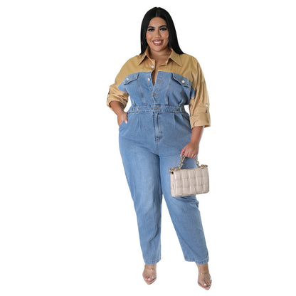 Plus Size Dames Colorblock Denim Jumpsuit