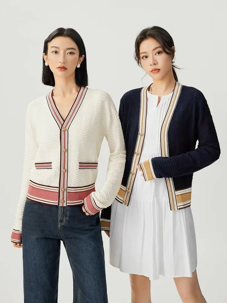 Stylish Striped Knit Sweater Cardigan Women Autumn Winter Long Sleeve V-neck Tops Single-breasted Fashion Vintage Jumpers