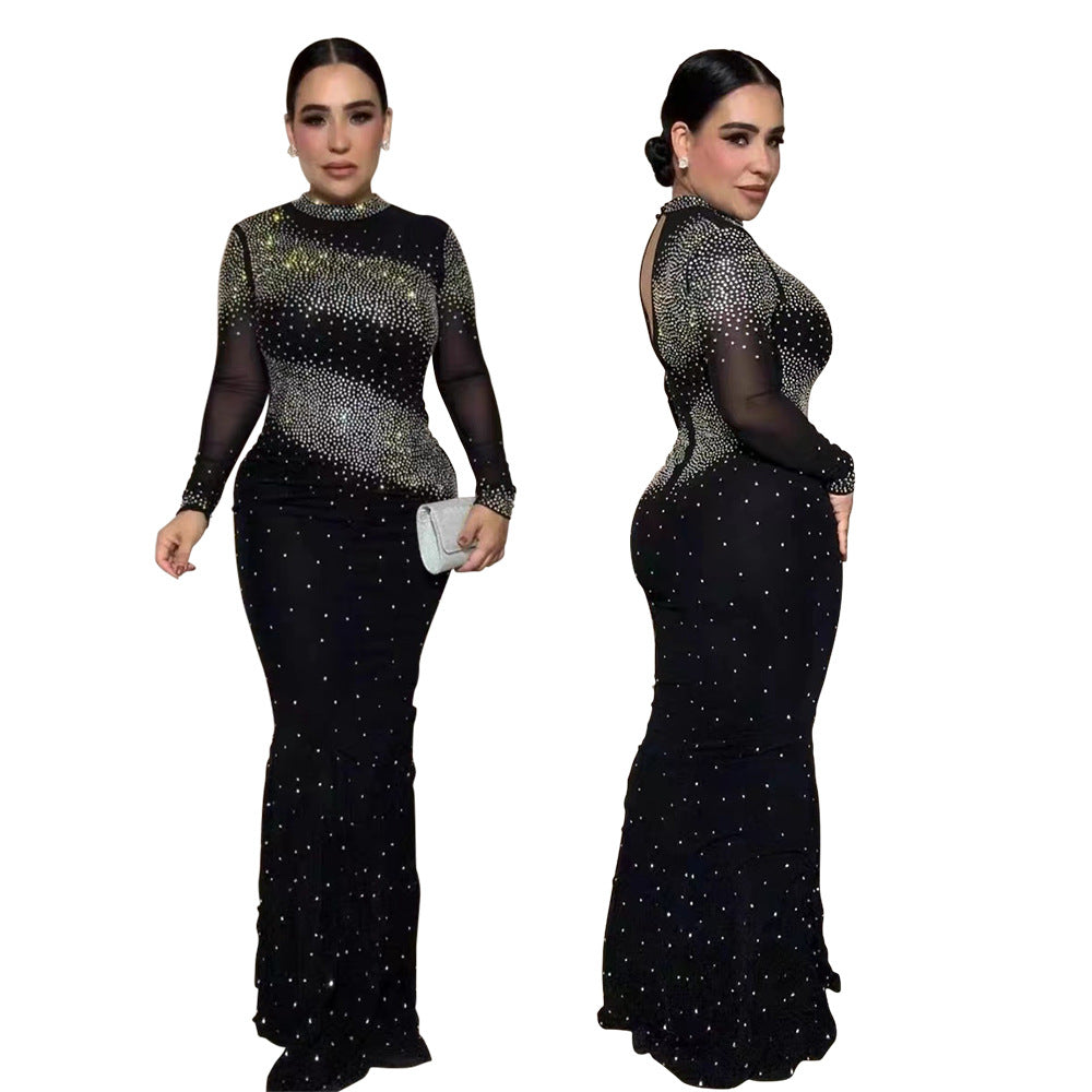 Half-High Collar Sexy Bodycon Long Dress Evening Gown Party Sequined Style