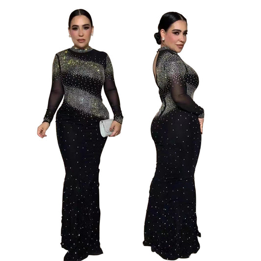 Half-High Collar Sexy Bodycon Long Dress Evening Gown Party Sequined Style