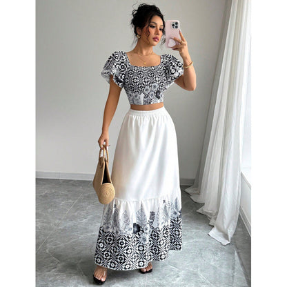 Elegante zomerset met print en A-lijn maxi-rok voor dames