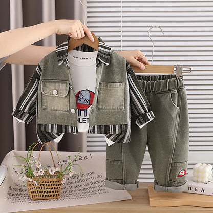 Striped patchwork denim long sleeved three piece set for men