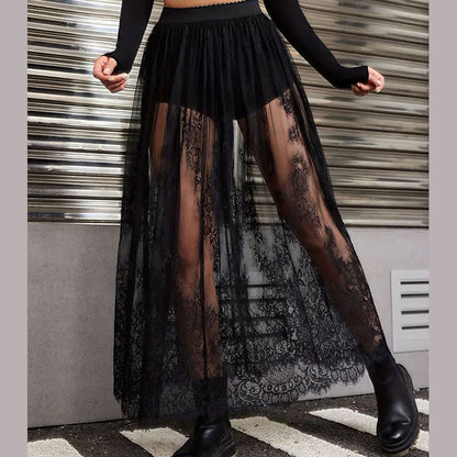 Lace see through midi skirt, long skirt
