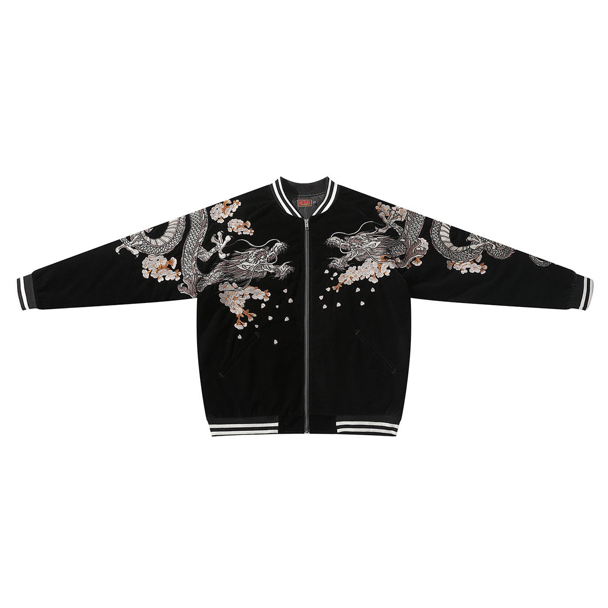 Casual fluwelen baseballjack voor heren met geborduurd drakendesign