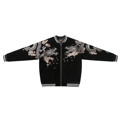 Casual fluwelen baseballjack voor heren met geborduurd drakendesign