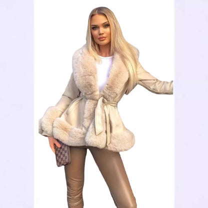Women's Faux Rabbit Fur Waist Cinching Coat