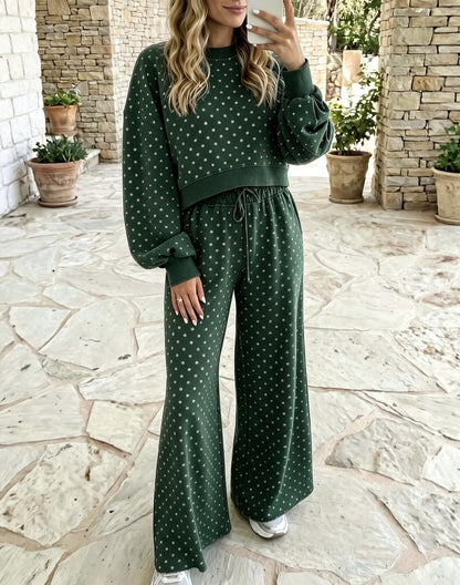 High-waisted stretchy relaxed and lazy polka dot printed wide-leg pants set