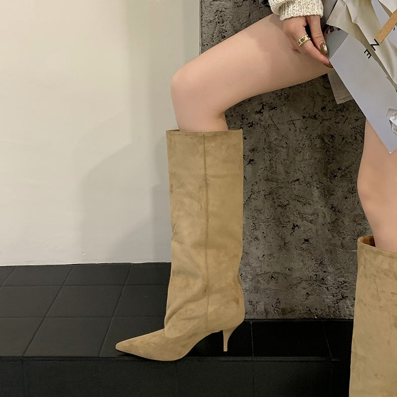 Fashion Pointed Toe High Boots Simple and Elegant Solid Color High Heel Over-the-Knee Long Boots